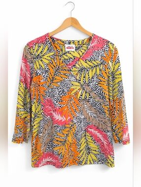 Ruby Rd. Favorites Tropical Leaf Print Faux-Wrap Top 3/4 Sleeve